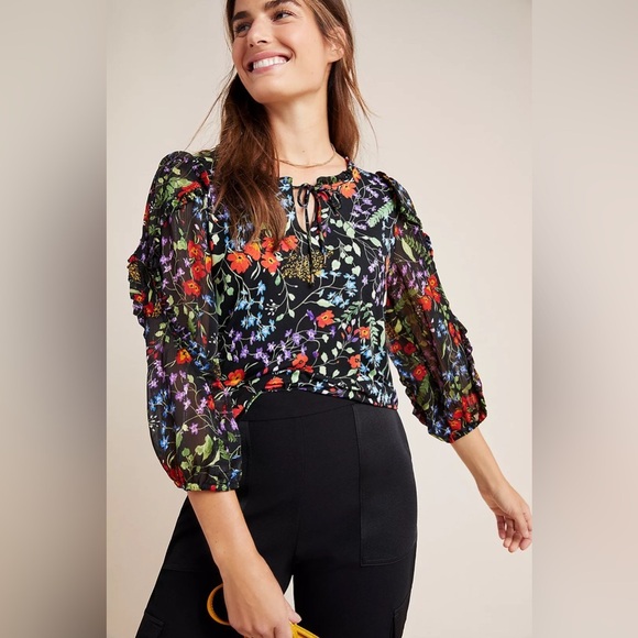 Anthropologie Jacquin floral peasant blouse sm petite - Picture 1 of 13